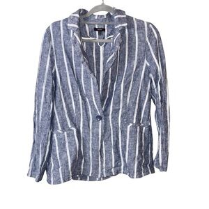 Anthropologie Drew Linen Striped 1 Button Closure Blazer Jacket White‎ Blue M